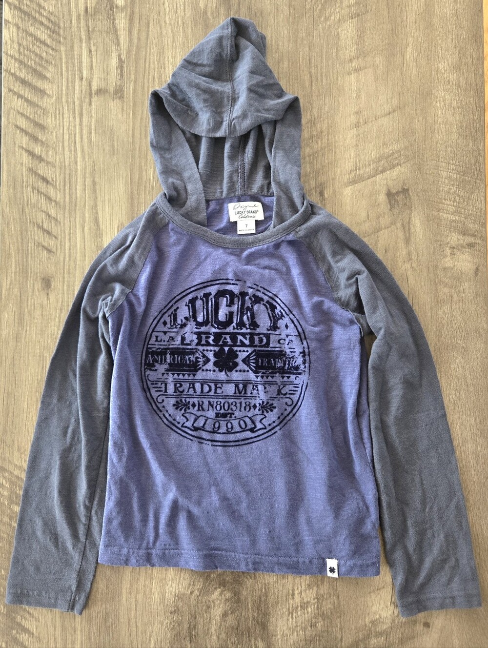 Lucky Brand Boy's Blue And Gray Long Sleeve Hooded T-shirt Size 7